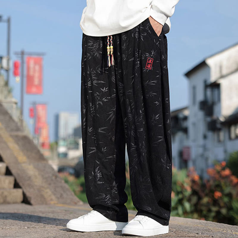 Buddha Stones刺繍の葉柄カジュアルコットンメンズパンツ（ポケット付き） - image 3