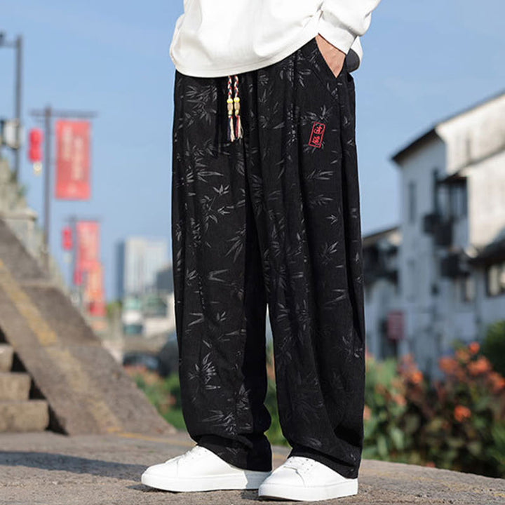 Buddha Stones刺繍の葉柄カジュアルコットンメンズパンツ（ポケット付き） - image 3