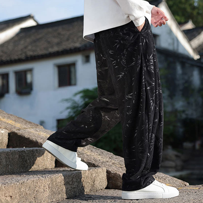 Buddha Stones刺繍の葉柄カジュアルコットンメンズパンツ（ポケット付き） - image 1