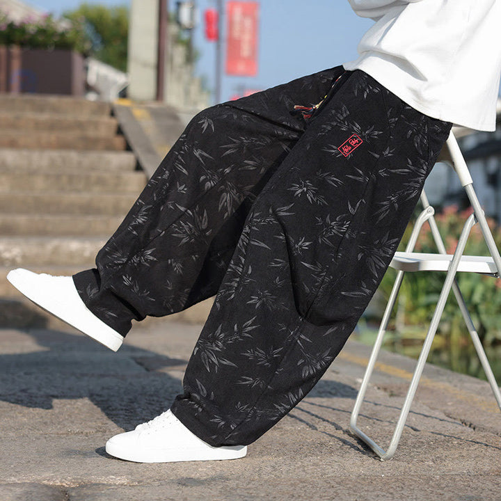Buddha Stones刺繍の葉柄カジュアルコットンメンズパンツ（ポケット付き） - image 7