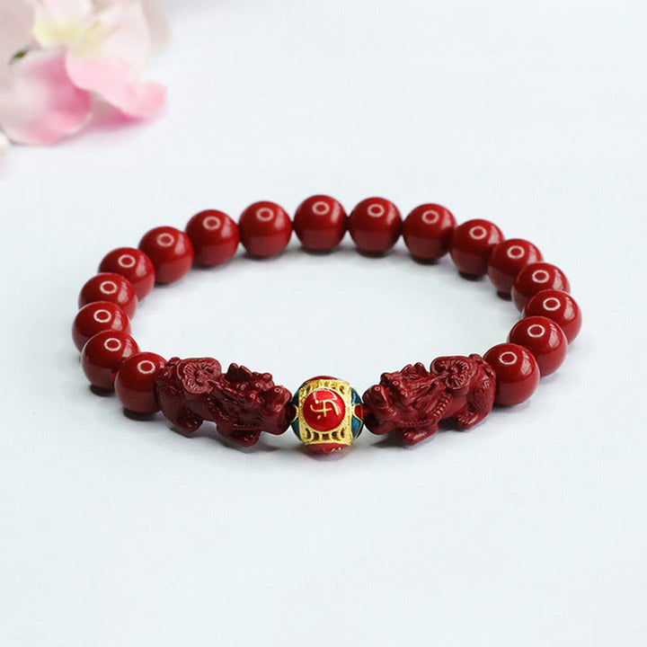 Buddha Stones辰砂 ダブル貔貅 邪悪な霊を寄せ付けないブレスレット - 辰砂ダブル貔貅（手首周り：14～16cm） - 8mm - image 0