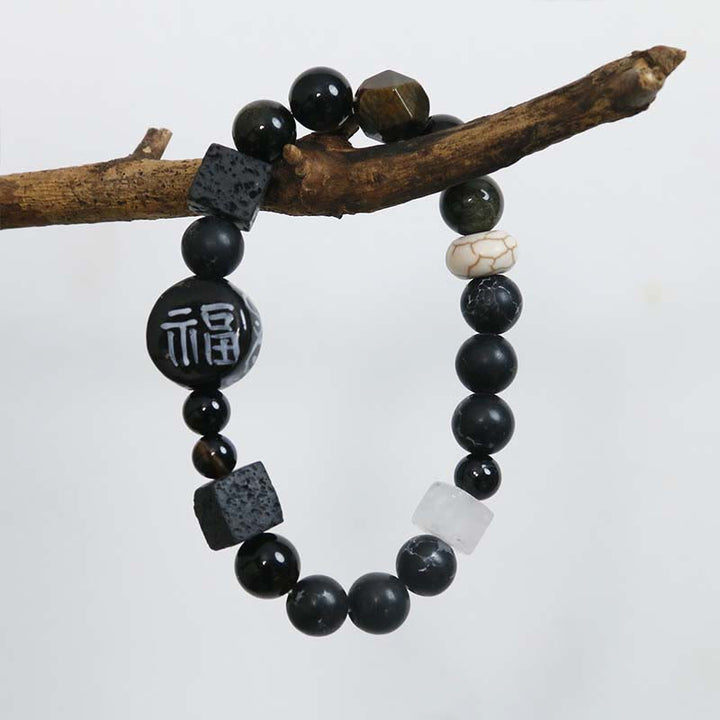 Buddha Stonesブラックオニキス セラミックス アゲート ブラックグリッターストーン 幸運 福 キャラクター ブレスレット