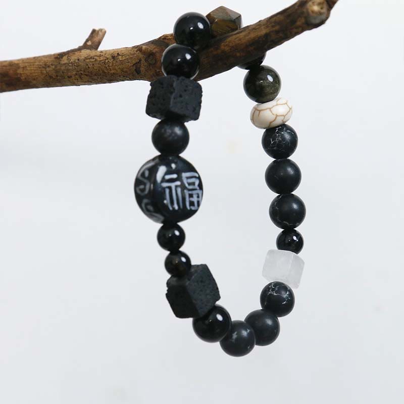 Buddha Stonesブラックオニキス セラミックス アゲート ブラックグリッターストーン 幸運 福 キャラクター ブレスレット