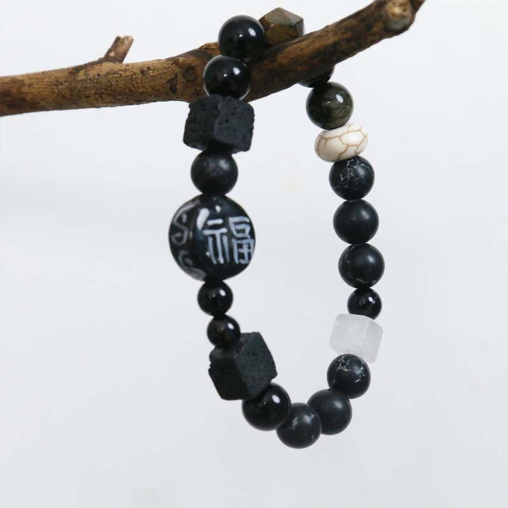 Buddha Stonesブラックオニキス セラミックス アゲート ブラックグリッターストーン 幸運 福 キャラクター ブレスレット