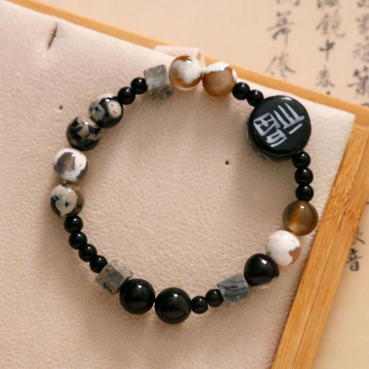 Buddha Stonesブラックオニキス セラミックス アゲート ブラックグリッターストーン 幸運 福 キャラクター ブレスレット