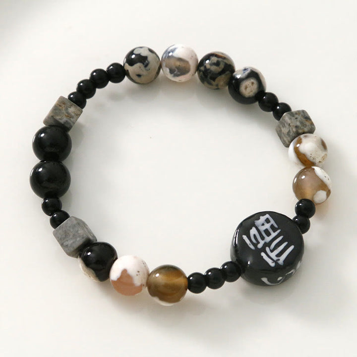 Buddha Stonesブラックオニキス セラミックス アゲート ブラックグリッターストーン 幸運 福 キャラクター ブレスレット