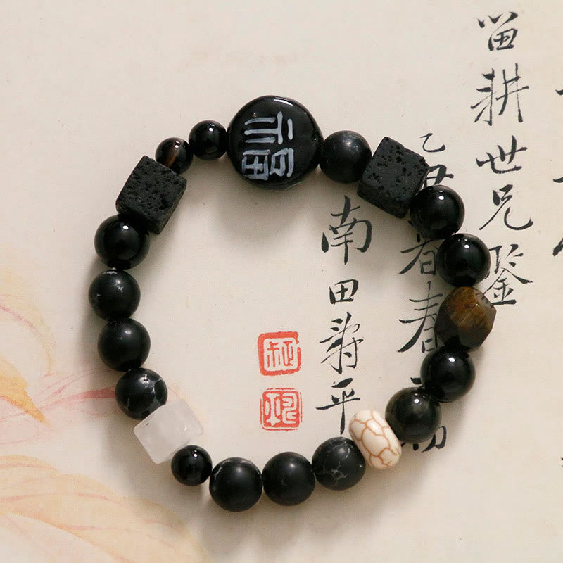 Buddha Stonesブラックオニキス セラミックス アゲート ブラックグリッターストーン 幸運 福 キャラクター ブレスレット