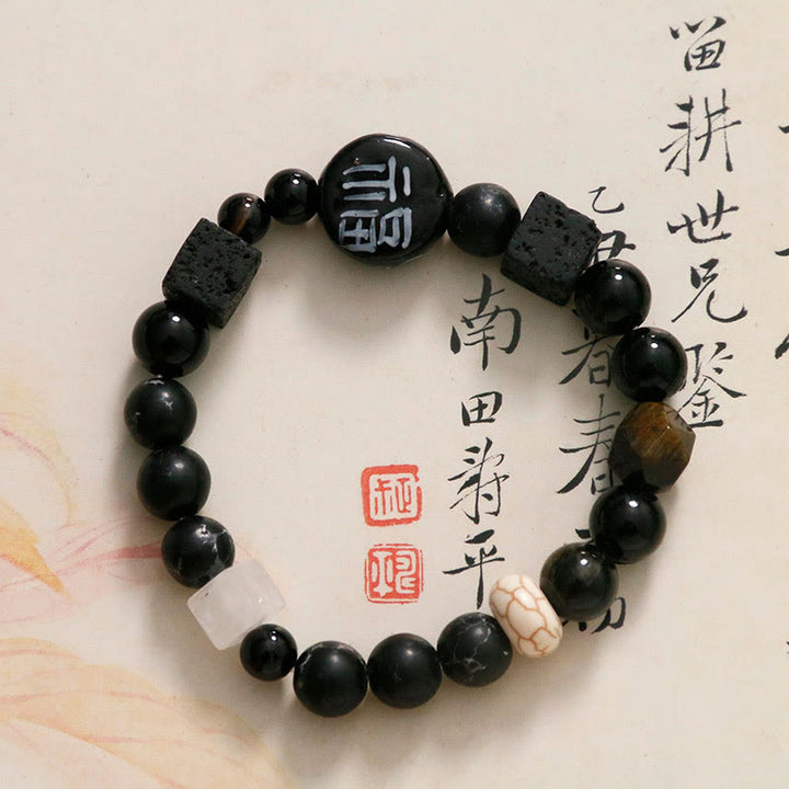 Buddha Stonesブラックオニキス セラミックス アゲート ブラックグリッターストーン 幸運 福 キャラクター ブレスレット