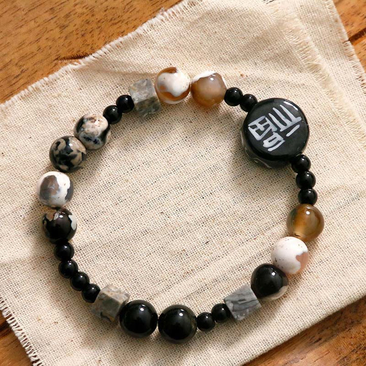 Buddha Stonesブラックオニキス セラミックス アゲート ブラックグリッターストーン 幸運 福 キャラクター ブレスレット