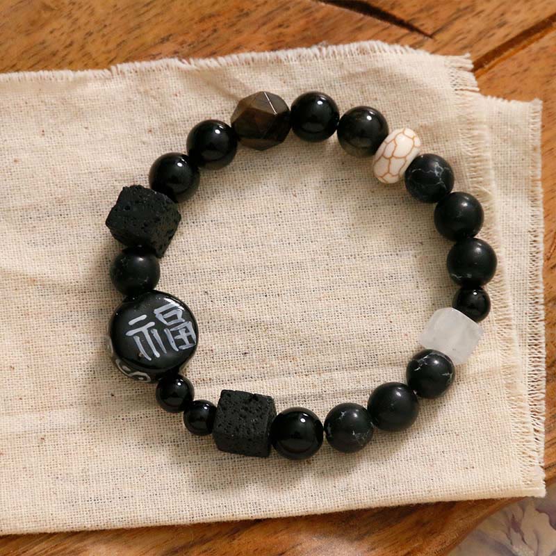 Buddha Stonesブラックオニキス セラミックス アゲート ブラックグリッターストーン 幸運 福 キャラクター ブレスレット