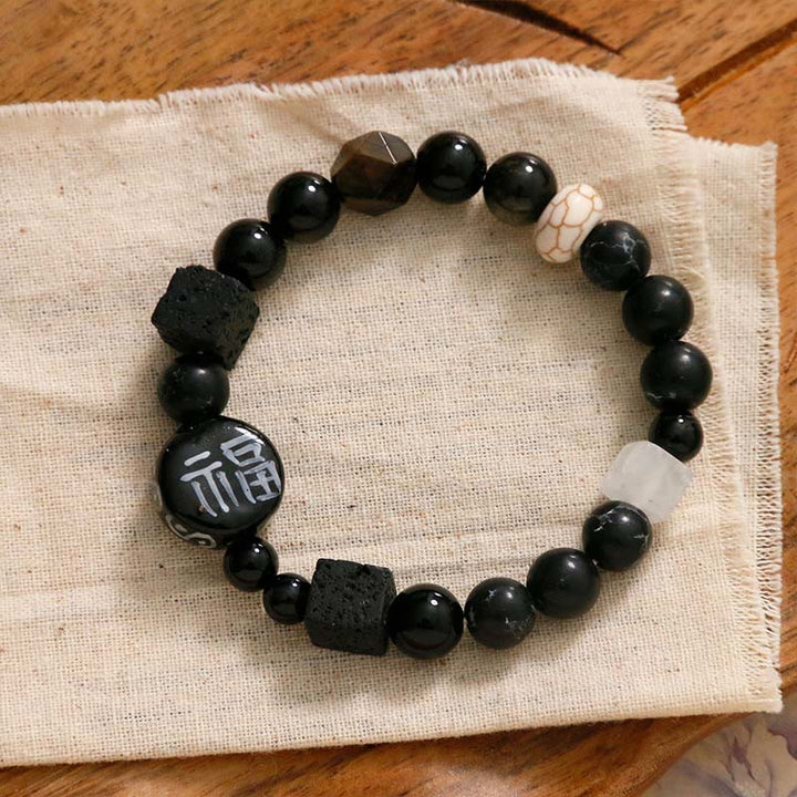 Buddha Stonesブラックオニキス セラミックス アゲート ブラックグリッターストーン 幸運 福 キャラクター ブレスレット