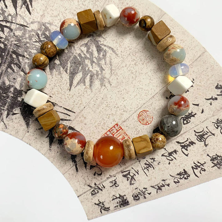 Buddha Stones赤瑪瑙 寿山石 ホワイトターコイズ 穏やかな祝福のブレスレット