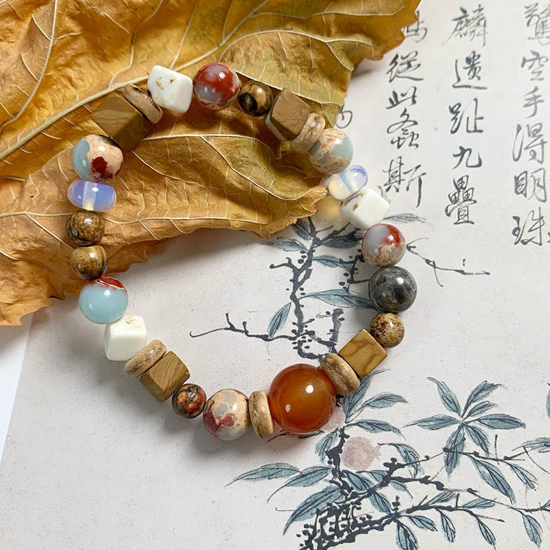 Buddha Stones赤瑪瑙 寿山石 ホワイトターコイズ 穏やかな祝福のブレスレット
