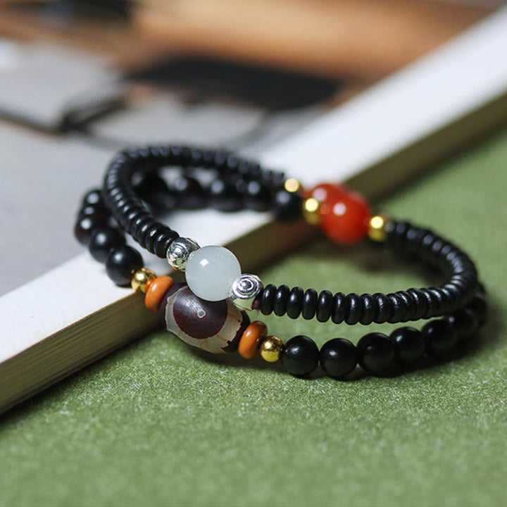Buddha Stones、黒檀、白檀、緑白檀、Dziビーズ、バランスカームダブルラップブレスレット