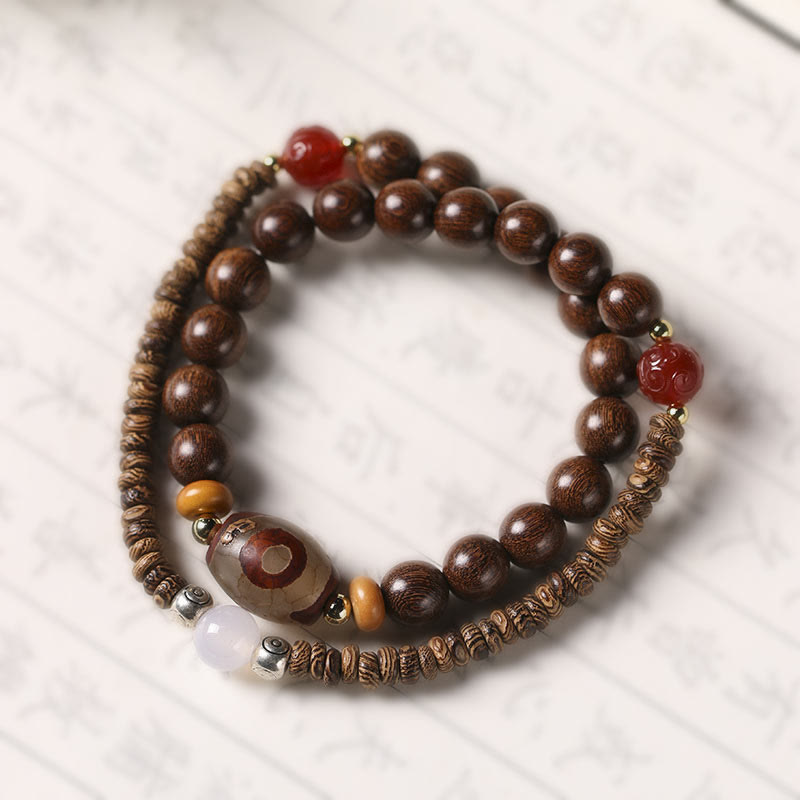 Buddha Stones、黒檀、白檀、緑白檀、Dziビーズ、バランスカームダブルラップブレスレット