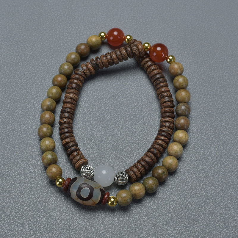 Buddha Stones、黒檀、白檀、緑白檀、Dziビーズ、バランスカームダブルラップブレスレット