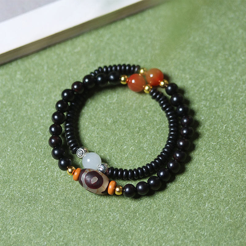 Buddha Stones、黒檀、白檀、緑白檀、Dziビーズ、バランスカームダブルラップブレスレット