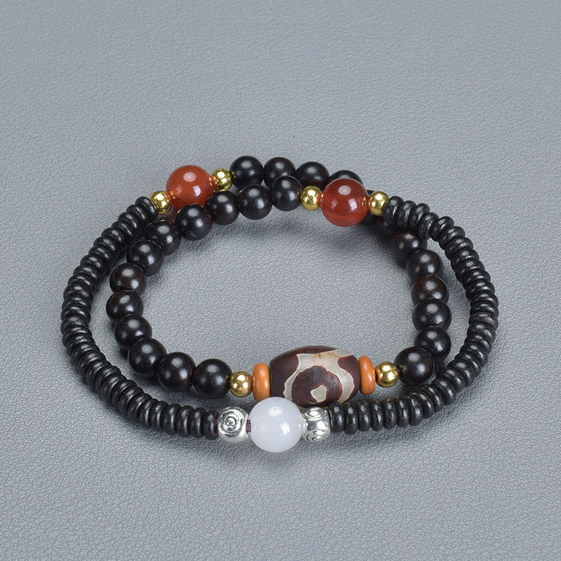 Buddha Stones、黒檀、白檀、緑白檀、Dziビーズ、バランスカームダブルラップブレスレット