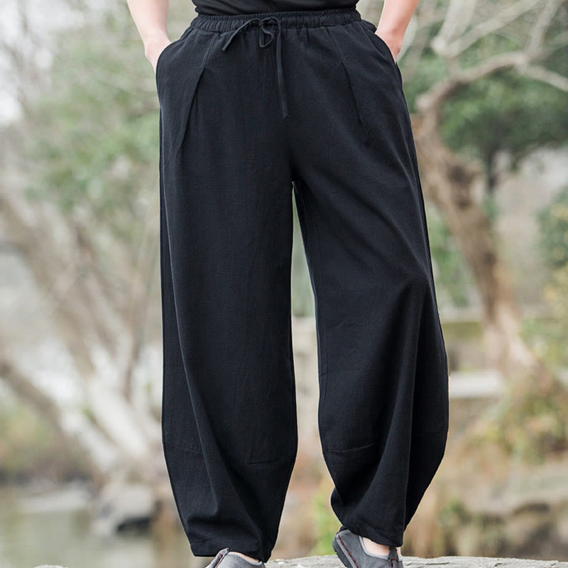 Buddha Stonesプレーン カジュアル リネン ブルマー メンズ パンツ ポケット付き - 黒 - US/UK/AU44、EU54（5XL） - image 1