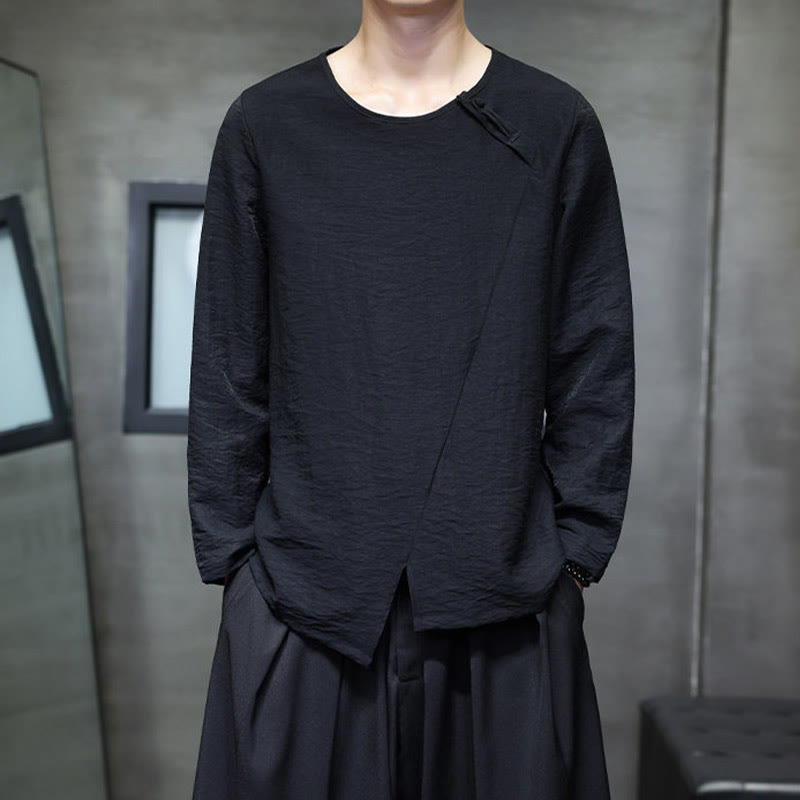 Buddha Stones無地 ゆったり 長袖 ラウンドネック コットン メンズシャツ - 黒 - US/UK/AU44、EU54 (5XL) - image 24