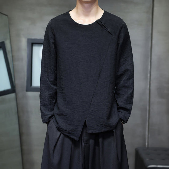 Buddha Stones無地 ゆったり 長袖 ラウンドネック コットン メンズシャツ - 黒 - US/UK/AU44、EU54 (5XL) - image 24