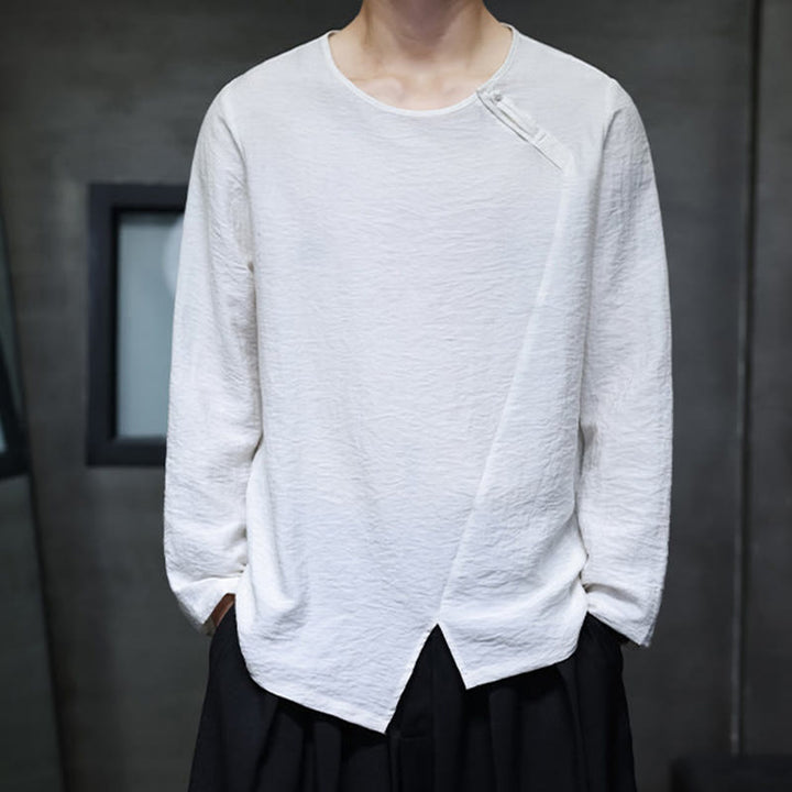 Buddha Stones無地 ゆったり 長袖 ラウンドネック コットン メンズシャツ - image 4