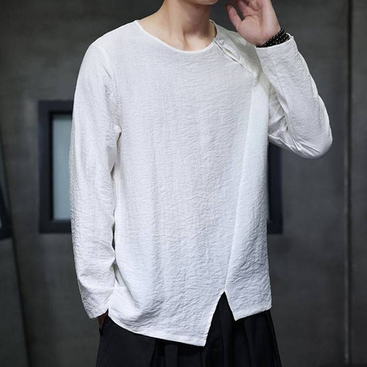 Buddha Stones無地 ゆったり 長袖 ラウンドネック コットン メンズシャツ - image 6