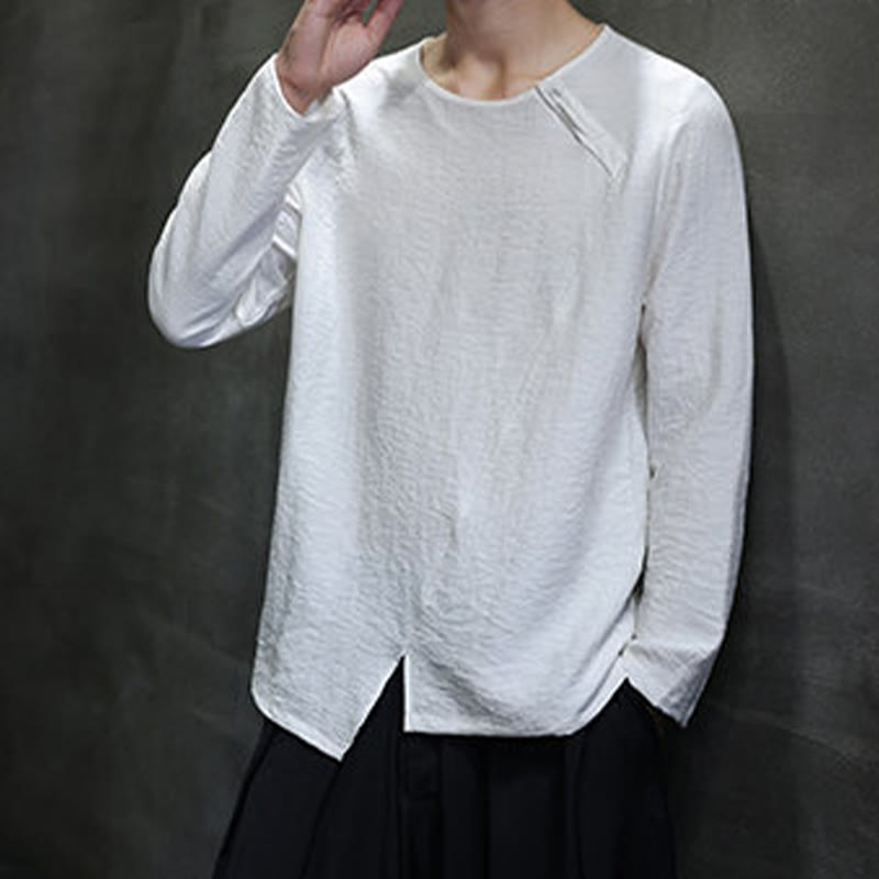 Buddha Stones無地 ゆったり 長袖 ラウンドネック コットン メンズシャツ - image 10