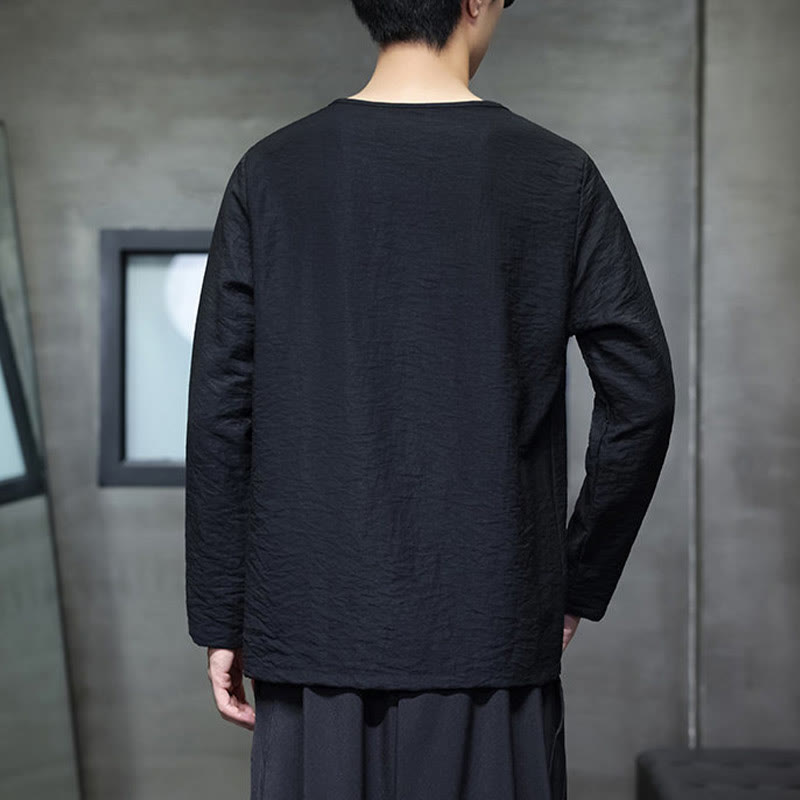 Buddha Stones無地 ゆったり 長袖 ラウンドネック コットン メンズシャツ - image 26