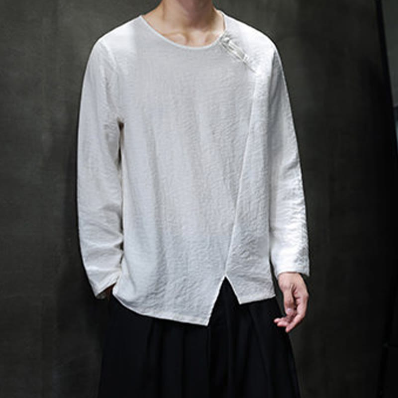 Buddha Stones無地 ゆったり 長袖 ラウンドネック コットン メンズシャツ - image 8