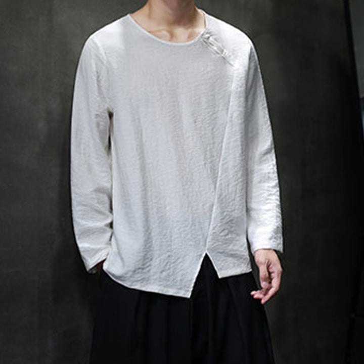 Buddha Stones無地 ゆったり 長袖 ラウンドネック コットン メンズシャツ - image 8