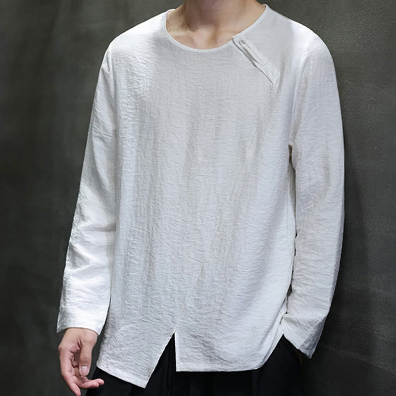 Buddha Stones無地 ゆったり 長袖 ラウンドネック コットン メンズシャツ - 白 - US/UK/AU46、 EU56 (5XL) - image 1