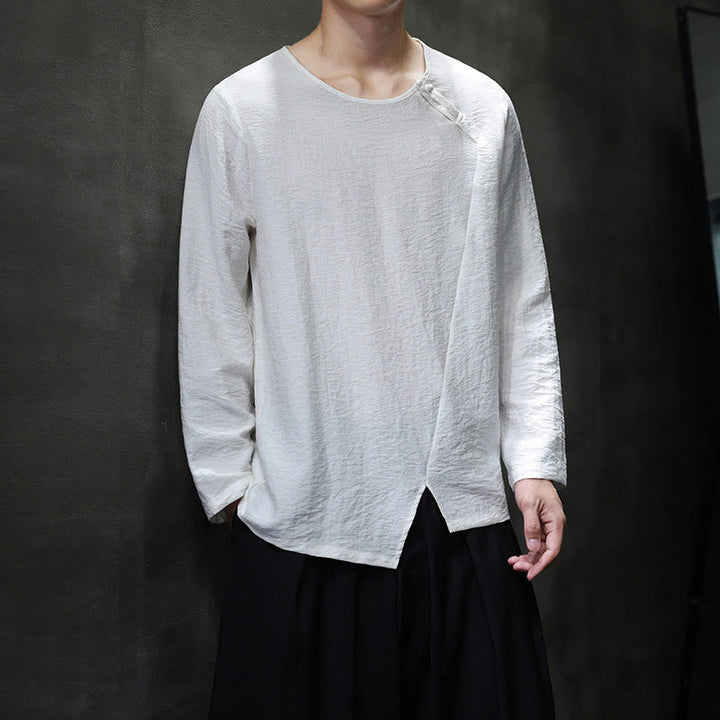 Buddha Stones無地 ゆったり 長袖 ラウンドネック コットン メンズシャツ - image 7