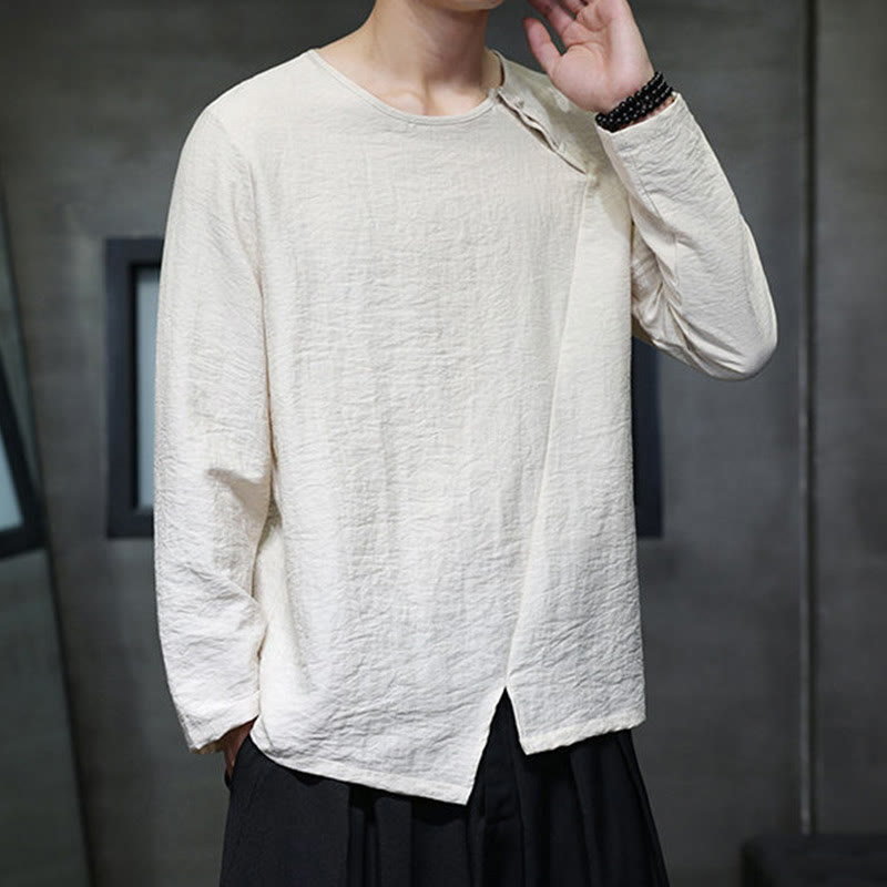 Buddha Stones無地 ゆったり 長袖 ラウンドネック コットン メンズシャツ - image 23