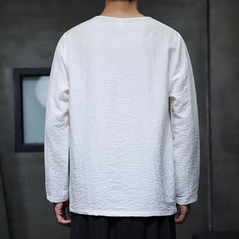 Buddha Stones無地 ゆったり 長袖 ラウンドネック コットン メンズシャツ - image 2