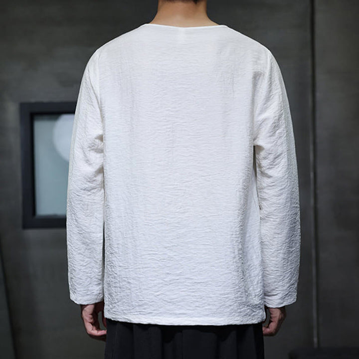 Buddha Stones無地 ゆったり 長袖 ラウンドネック コットン メンズシャツ - image 2