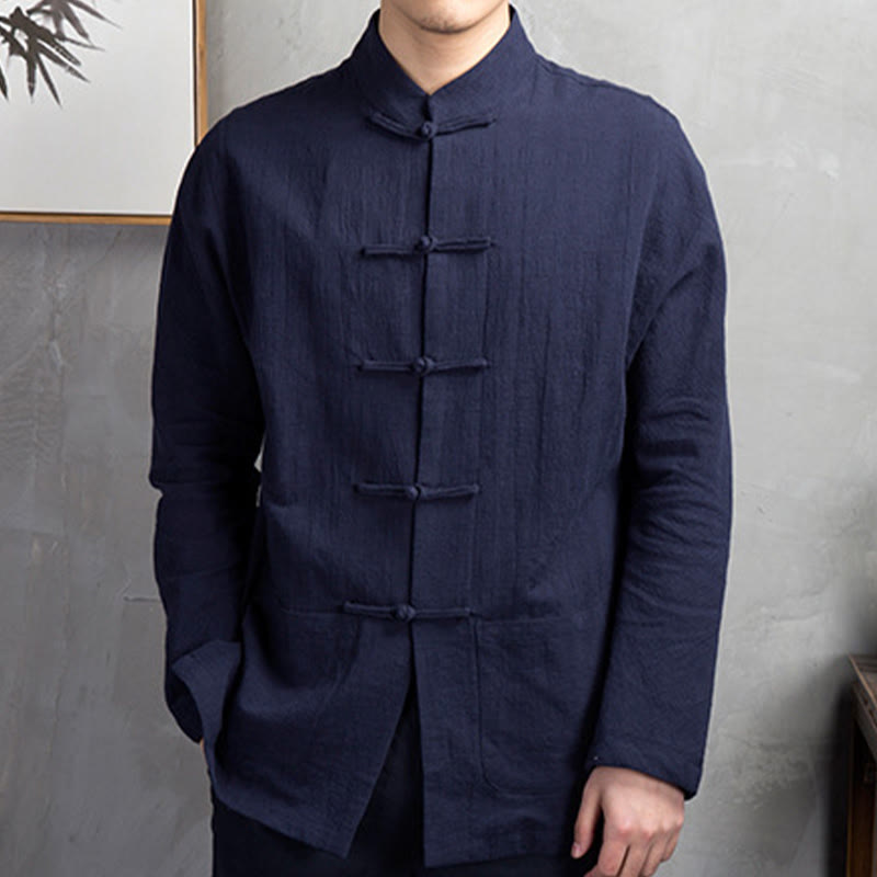 Buddha Stones無地 カジュアル フロッグボタン メンズ シャツ 衣類 - ミッドナイトブルー - US/UK/AU44、EU54（5XL） - image 6