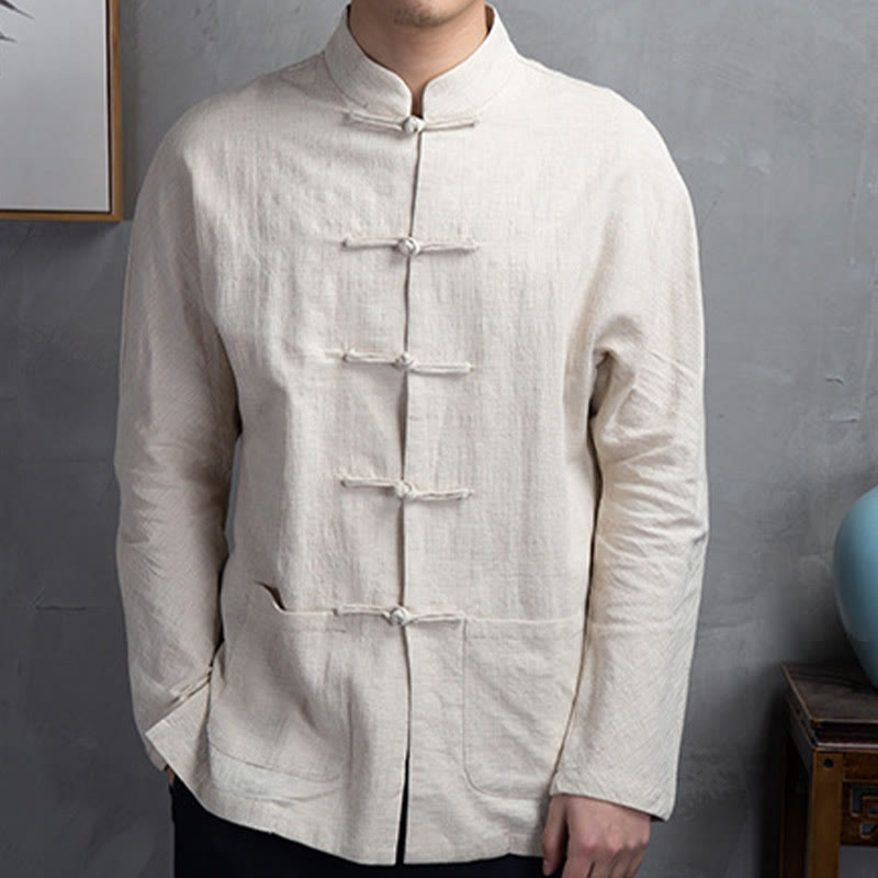 Buddha Stones無地 カジュアル フロッグボタン メンズ シャツ 衣類 - レモンシフォン - US/UK/AU44、EU54（5XL） - image 0
