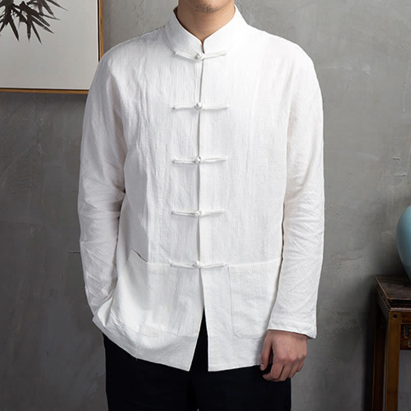 Buddha Stones無地 カジュアル フロッグボタン メンズ シャツ 衣類 - 白 - US/UK/AU44、EU54（5XL） - image 3