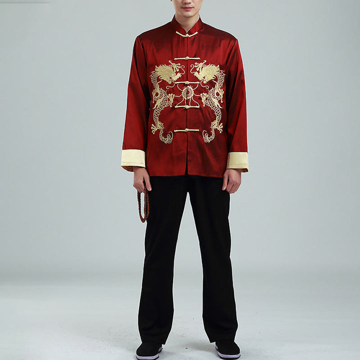 Buddha Stones刺繍ドラゴン折り返し袖カジュアルフロッグボタンポリエステル繊維メンズジャケットシャツパンツ衣類 - image 3