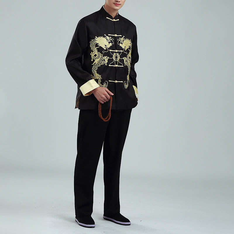 Buddha Stones刺繍ドラゴン折り返し袖カジュアルフロッグボタンポリエステル繊維メンズジャケットシャツパンツ衣類 - image 14