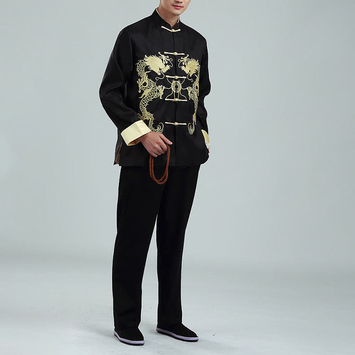 Buddha Stones刺繍ドラゴン折り返し袖カジュアルフロッグボタンポリエステル繊維メンズジャケットシャツパンツ衣類 - image 14