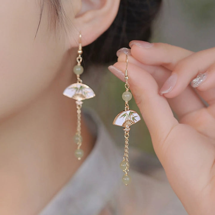 Buddha Stones14K 金張り銅翡翠扇竹の豊かなイヤリング