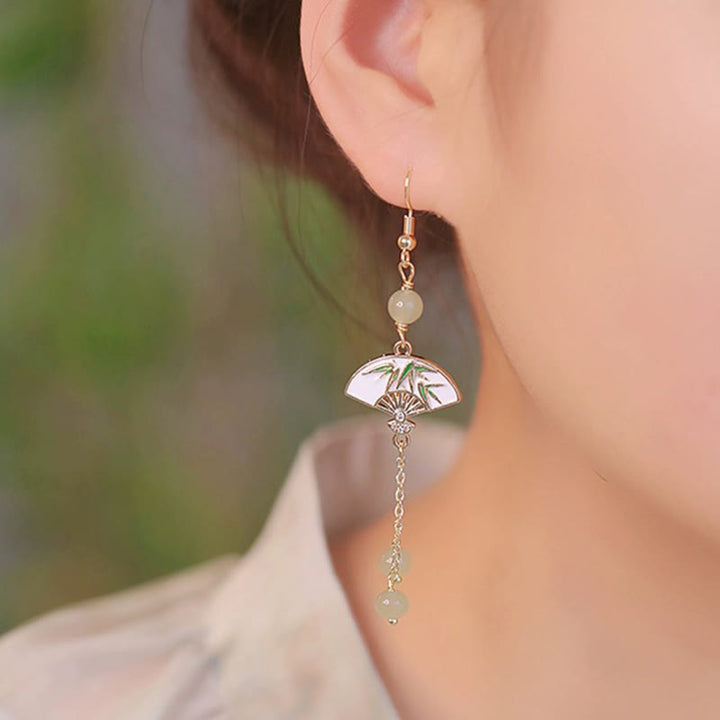 Buddha Stones14K 金張り銅翡翠扇竹の豊かなイヤリング