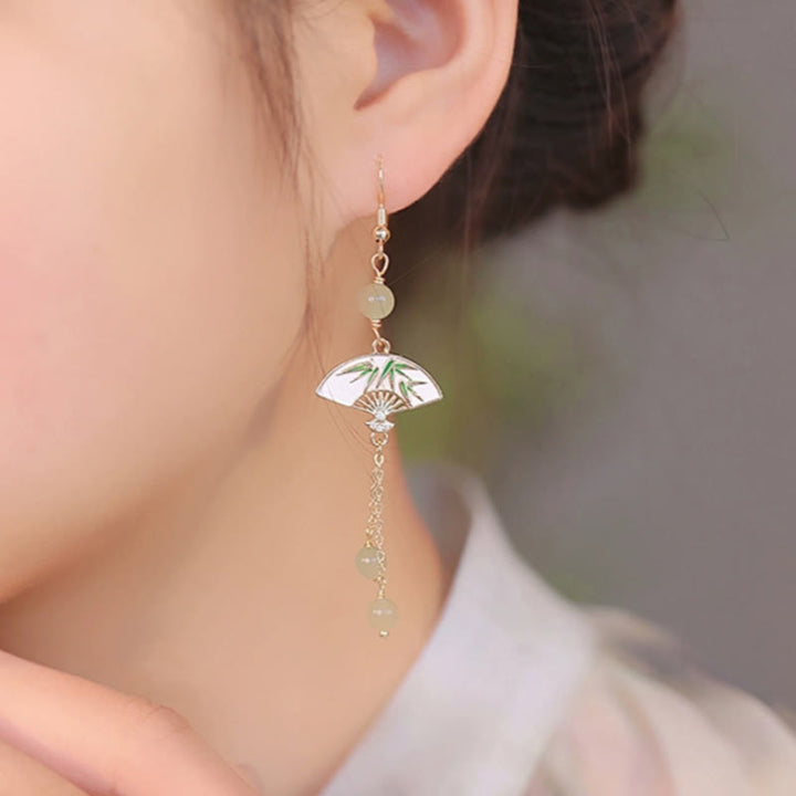 Buddha Stones14K 金張り銅翡翠扇竹の豊かなイヤリング