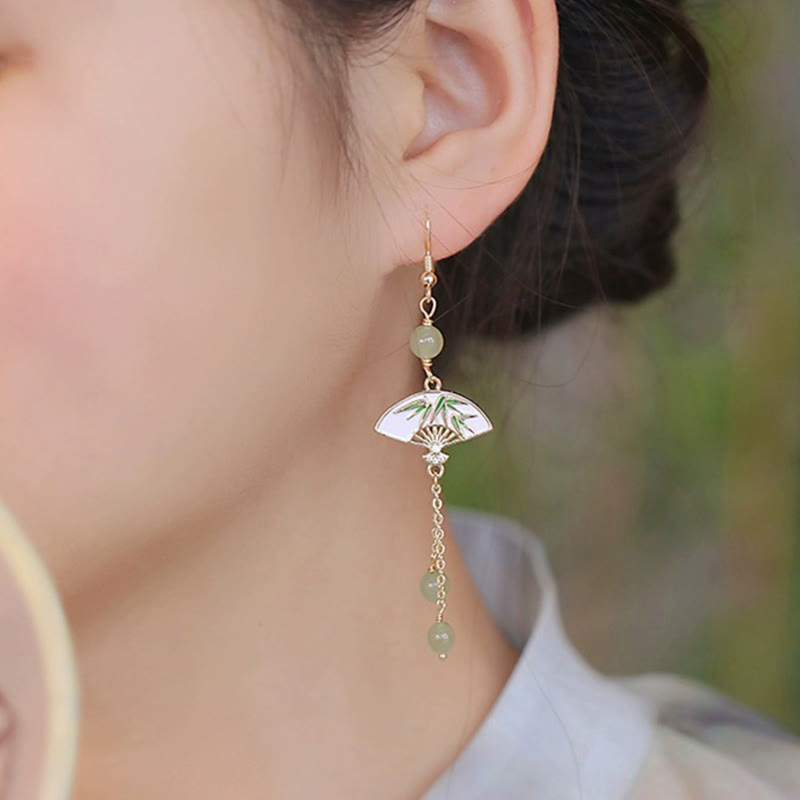 Buddha Stones14K 金張り銅翡翠扇竹の豊かなイヤリング