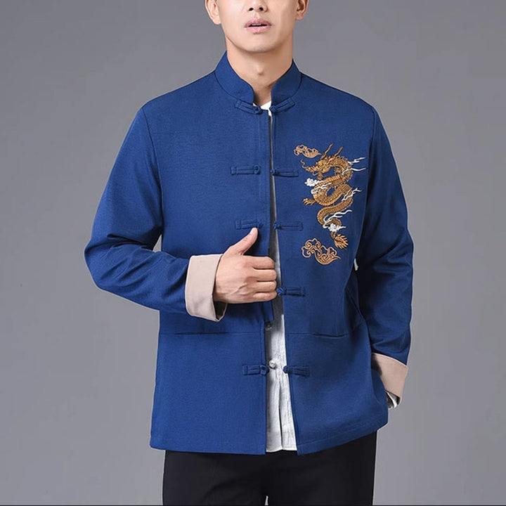 Buddha Stones龍刺繍カエルボタンポリエステルメンズジャケットシャツポケット付き - ダークブルー - US/UK/AU44、 EU54 (4XL) - image 16