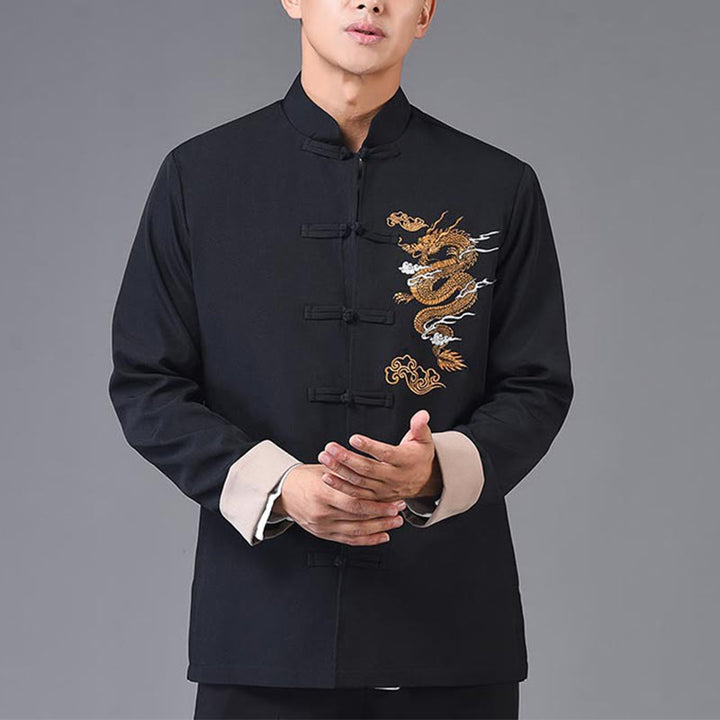 Buddha Stones龍刺繍カエルボタンポリエステルメンズジャケットシャツポケット付き - image 4