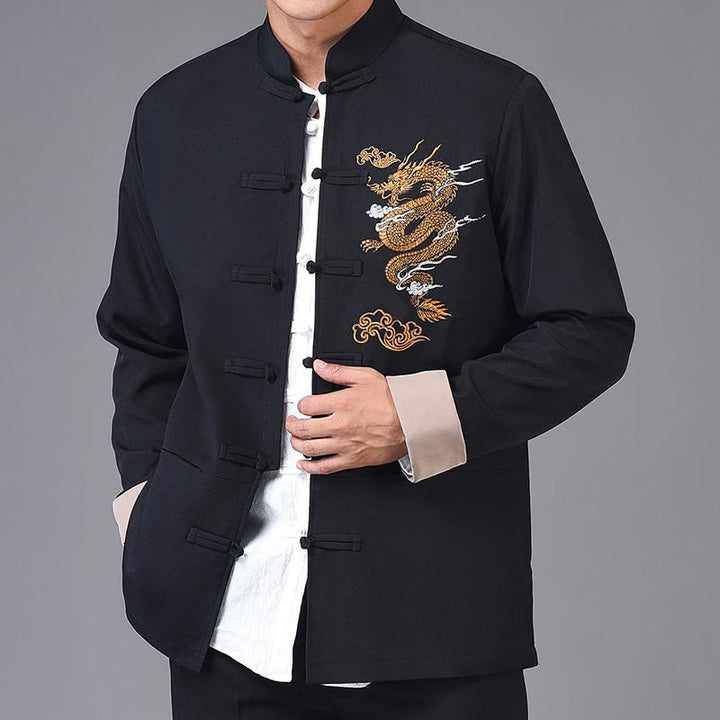 Buddha Stones龍刺繍カエルボタンポリエステルメンズジャケットシャツポケット付き - 黒 - US/UK/AU44、 EU54 (4XL) - image 0