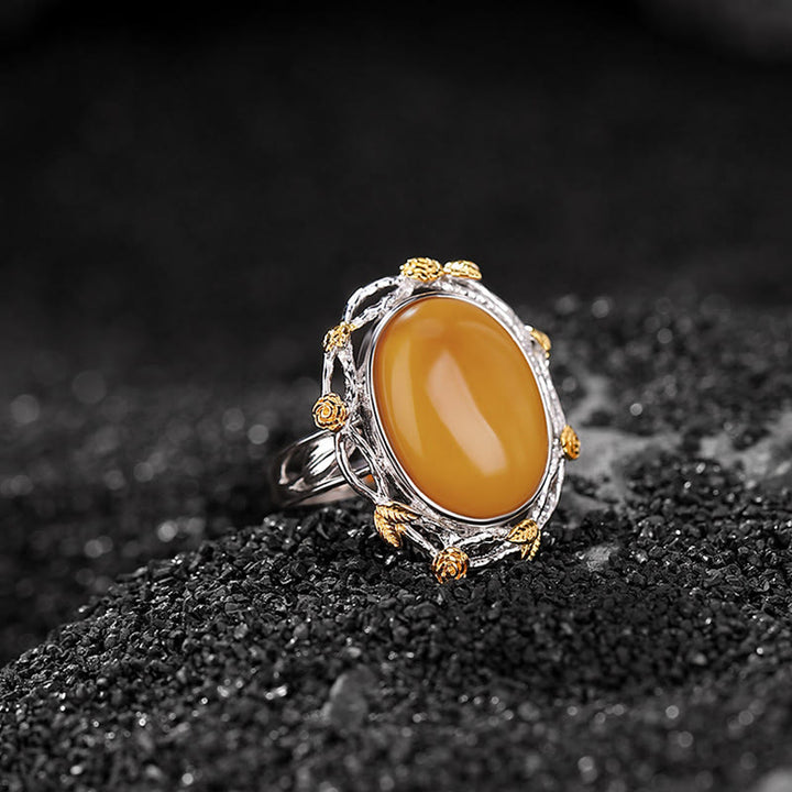 Buddha Stones990 スターリングシルバー メッキ ゴールド アンバー フォーカス 調節可能リング